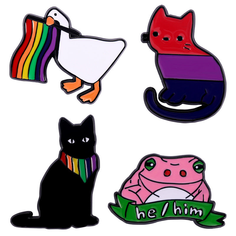 Cartoon de aleación al por mayor lindo gato negro pato lgbt arcoirbow broche